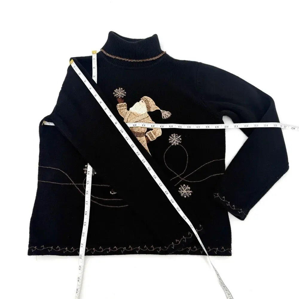 Vintage Talbots Festive Black Christmas Holiday Sweater Size Large Turtle Neck
